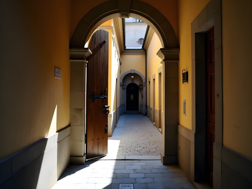 Narrow entrance passage to hidden Lviv courtyard with historic architecture