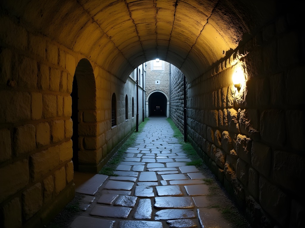 Medieval underground passage beneath Lviv with stone arches and atmospheric lighting