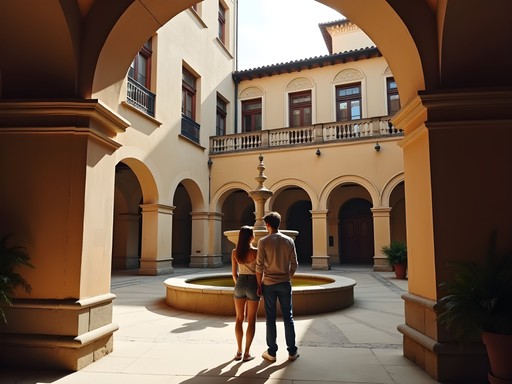 Couple exploring hidden Renaissance courtyard in Lyon traboule
