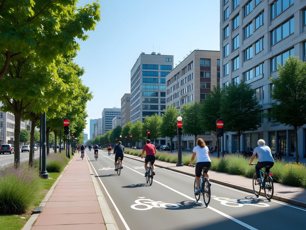 Malmö's extensive bicycle infrastructure with dedicated lanes and cyclists in summer