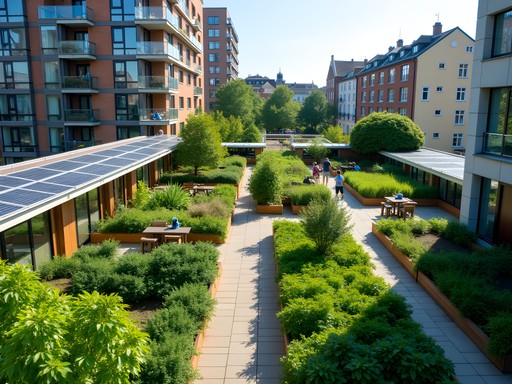 Sustainable rooftop garden in Malmö with vertical growing systems and city views