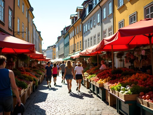 Diverse food market at Möllevångstorget with colorful produce stands and multicultural vendors