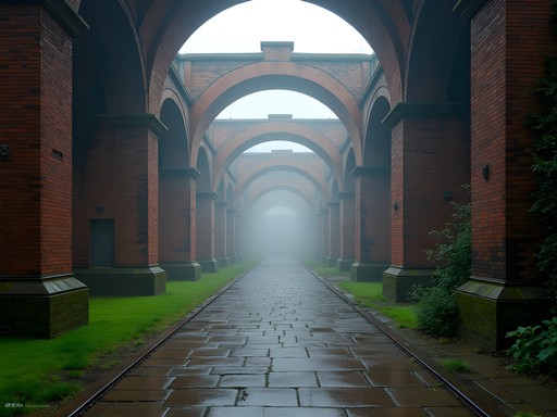 Ancient Roman fort ruins in Castlefield Manchester with Victorian railway viaducts overhead in morning mist