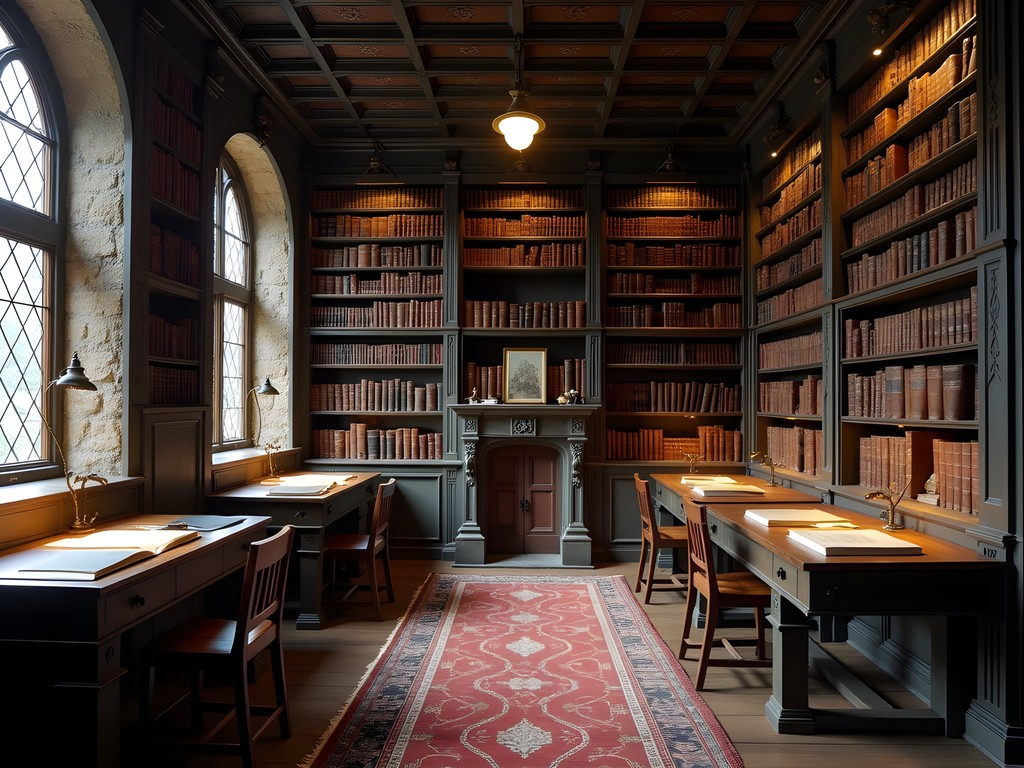 Historic medieval reading room at Chethams Library Manchester with wooden bookcases and chained books