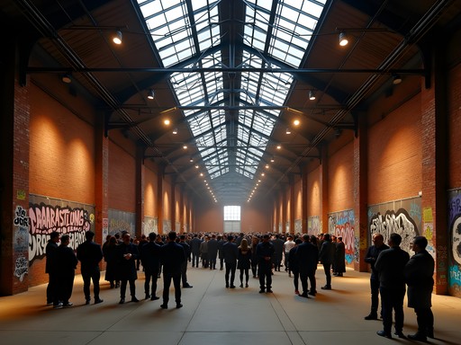 Raw industrial interior of Mayfield Depot Manchester with exposed brick walls and steel beams during cultural event