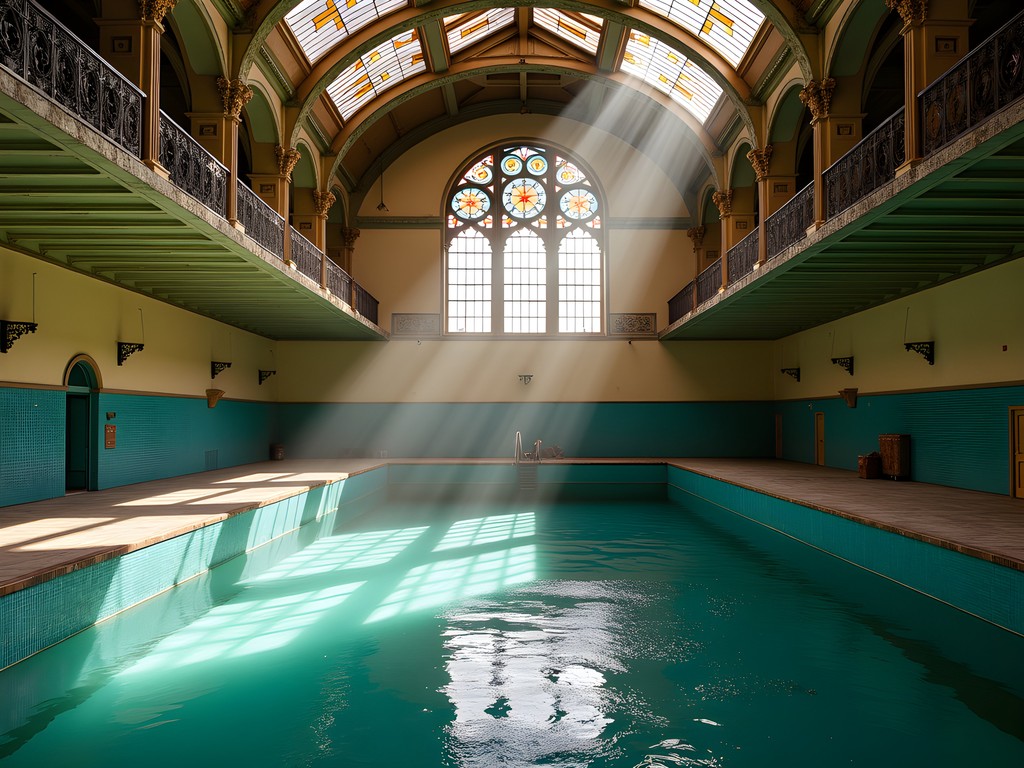 Empty Edwardian swimming pool at Victoria Baths Manchester with original turquoise tiles and stained glass windows