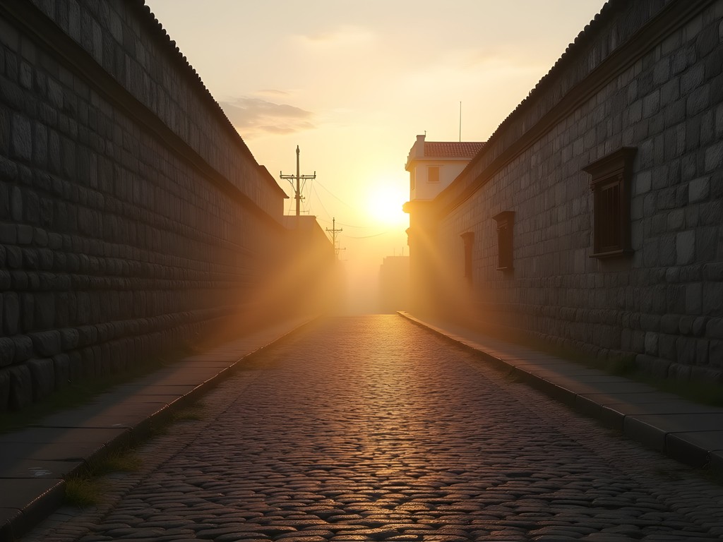 Ancient stone walls of Intramuros at dawn with golden sunlight