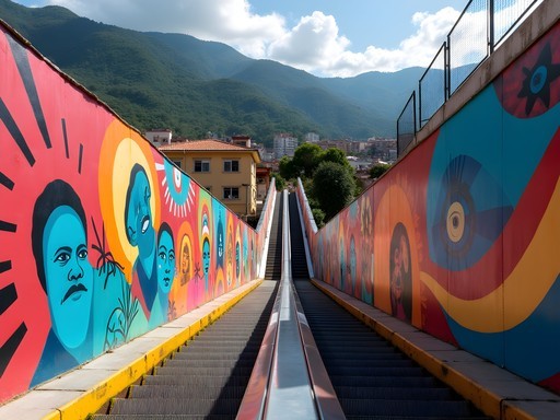 Colorful street art murals along the electric escalators of Comuna 13 in Medellín