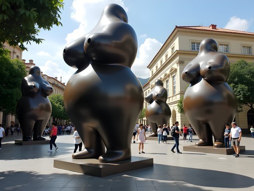 Leah Clark examining Botero sculptures in downtown Medellín
