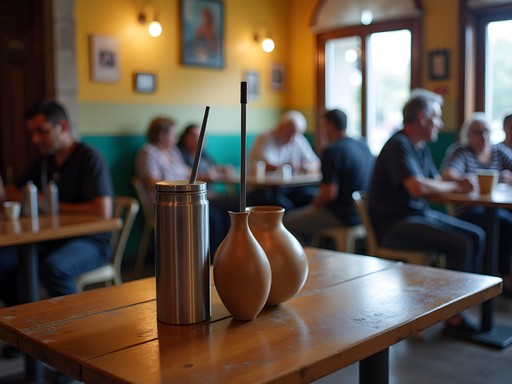 Local café in Melo, Uruguay with residents sharing mate and conversation in portuñol dialect