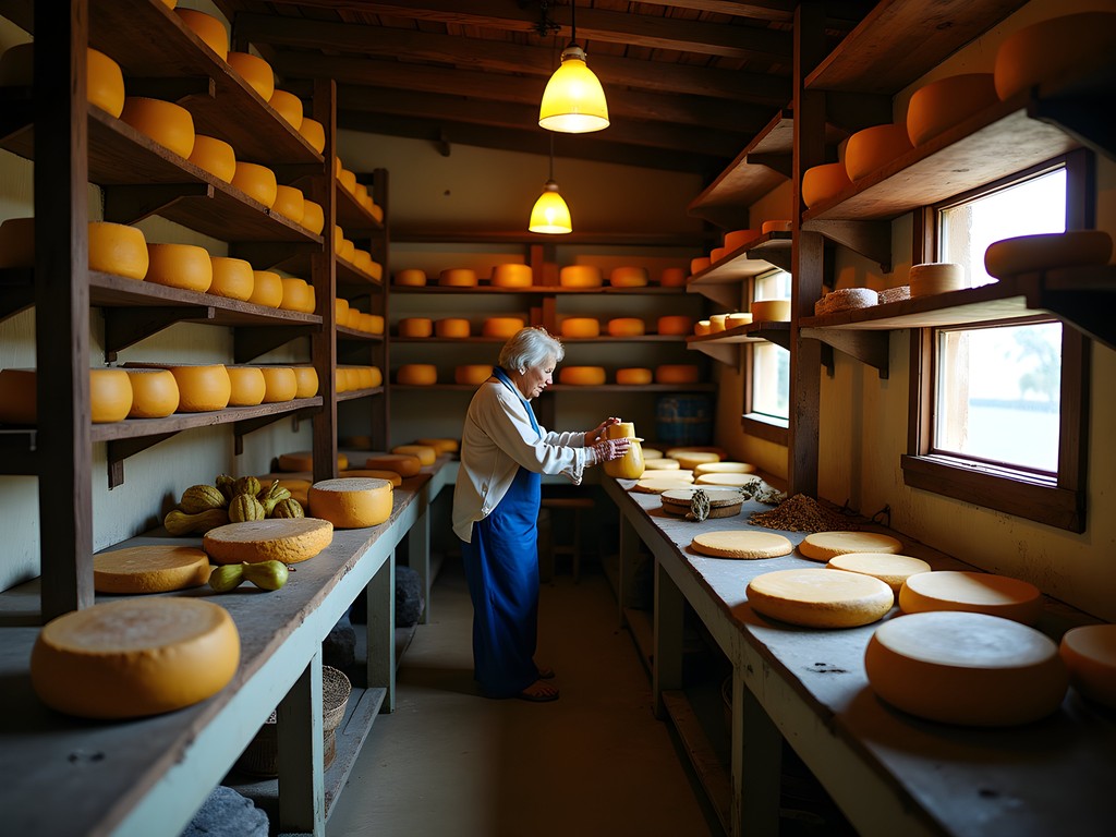 Traditional cheese making workshop in Melo, Uruguay showing aged queso colonia on wooden shelves