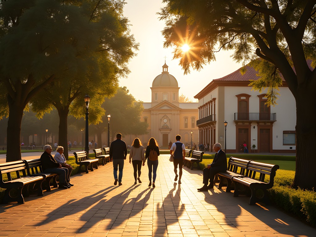 Plaza Constitución in Melo, Uruguay during evening paseo with locals strolling and socializing