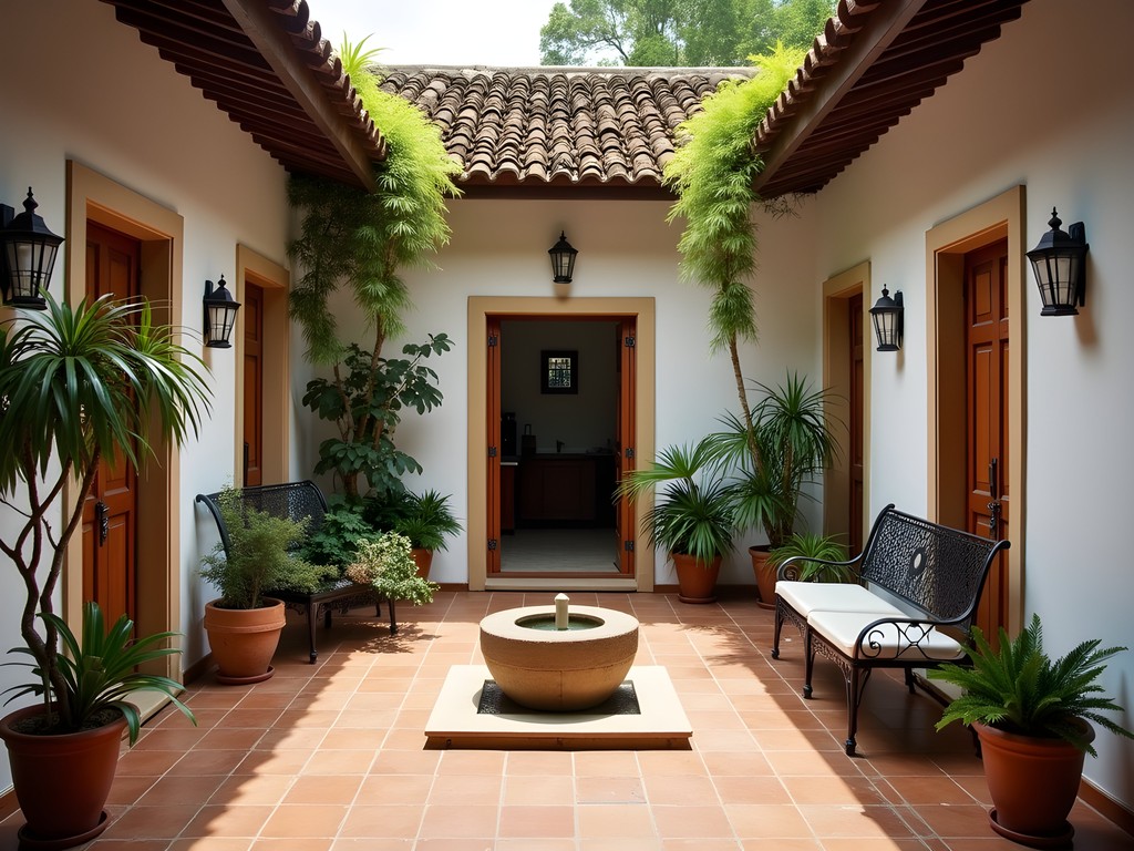 Traditional courtyard of Posada del Río guesthouse in Melo, Uruguay with flowering plants and colonial architecture