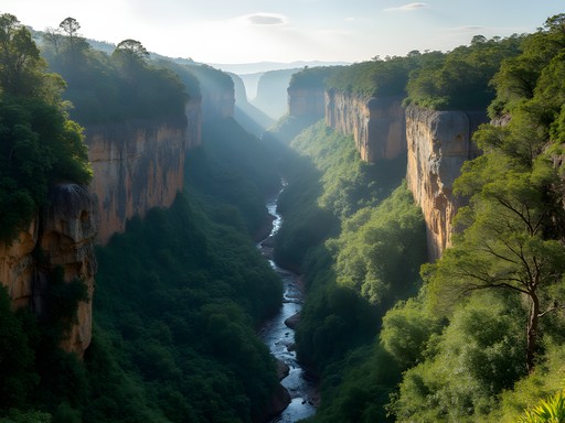 Panoramic view of Quebrada de los Cuervos ravine near Melo, Uruguay showing lush vegetation and dramatic landscape