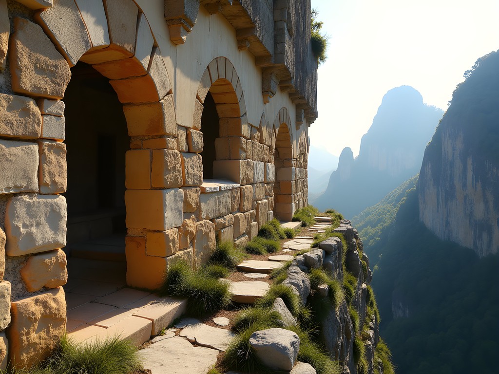Ruins of abandoned St. Antonios Skete with valley view in Meteora