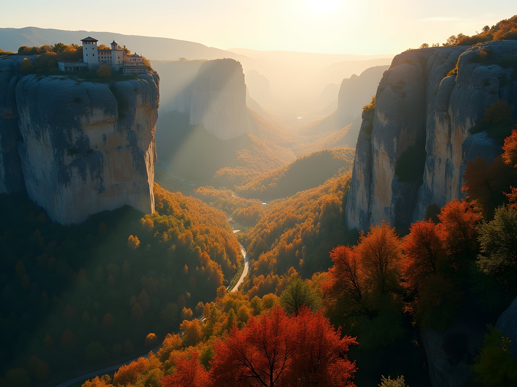 Autumn landscape of Meteora's rock formations with changing fall foliage