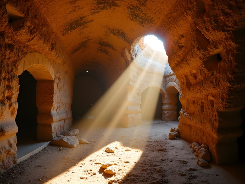 Interior of ancient hermit cave in Meteora with light streaming through opening