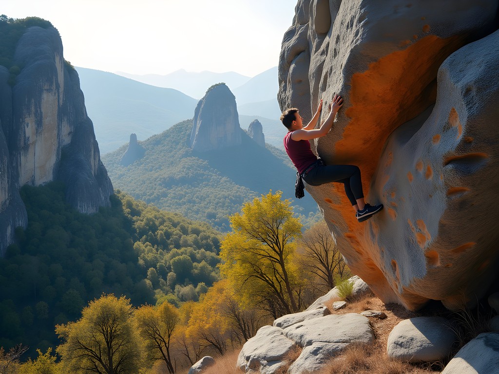 Local climber on boulder problem in secluded Meteora valley with rock formations