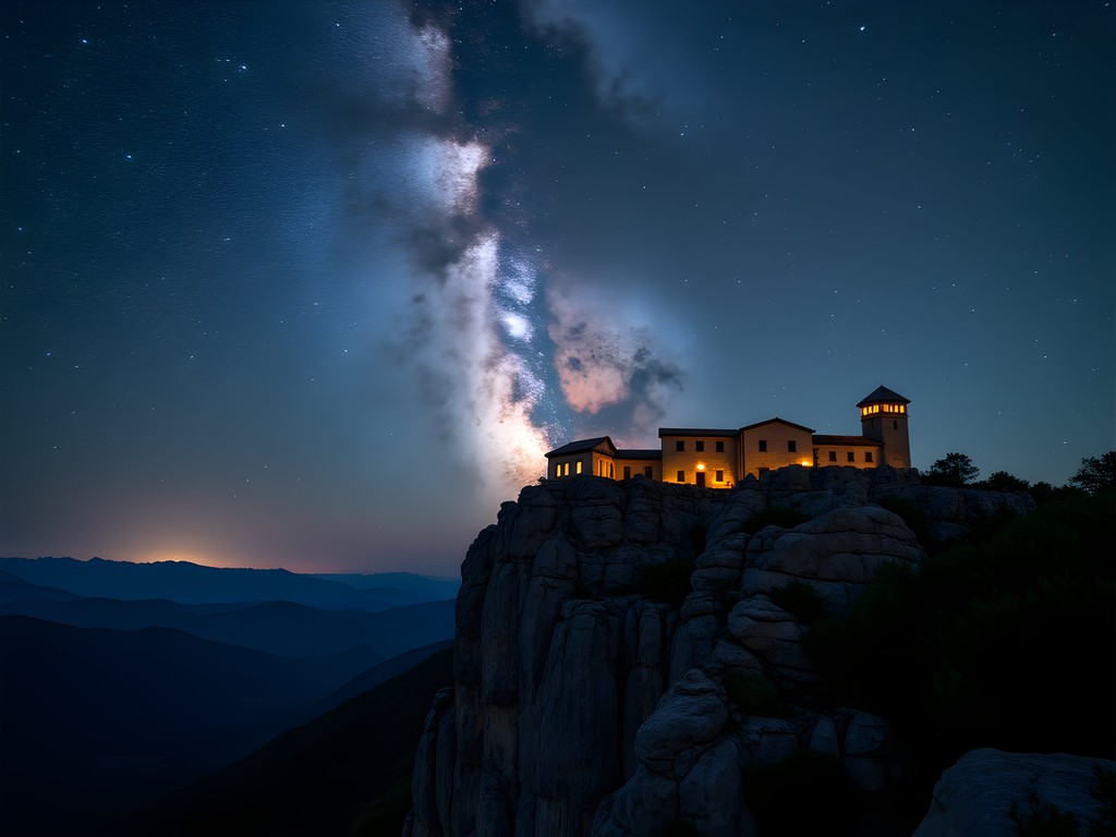 Night photography of Meteora monastery silhouette with Milky Way galaxy overhead
