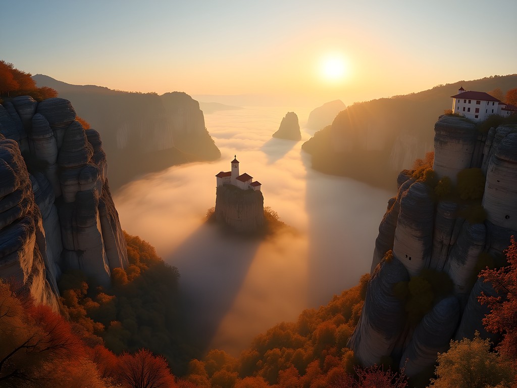 Sunrise view of Meteora monasteries from secret viewpoint with fog in valley