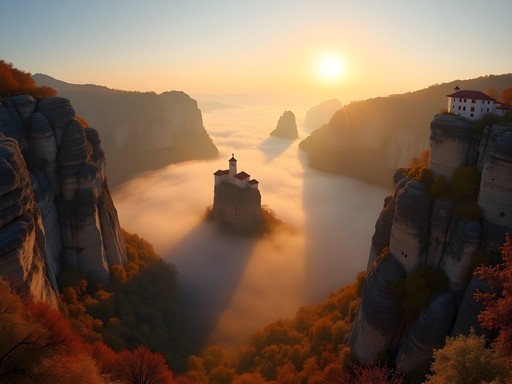 Sunrise view of Meteora monasteries from secret viewpoint with fog in valley