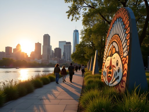 Indigenous public art installation along Minneapolis waterfront with city skyline in background