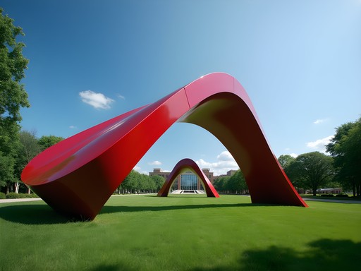Spoonbridge and Cherry sculpture with Walker Art Center in background on sunny summer day