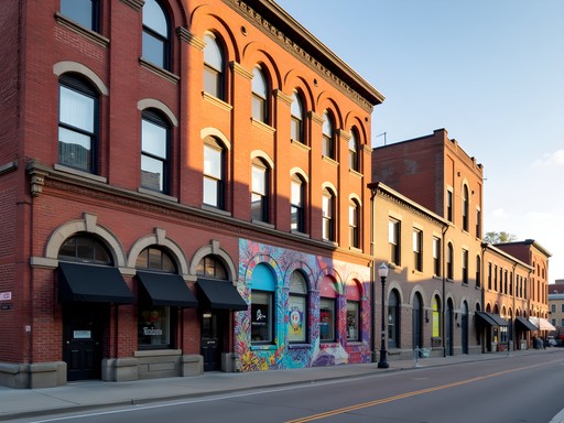 Industrial brick building with colorful murals in Northeast Minneapolis Arts District