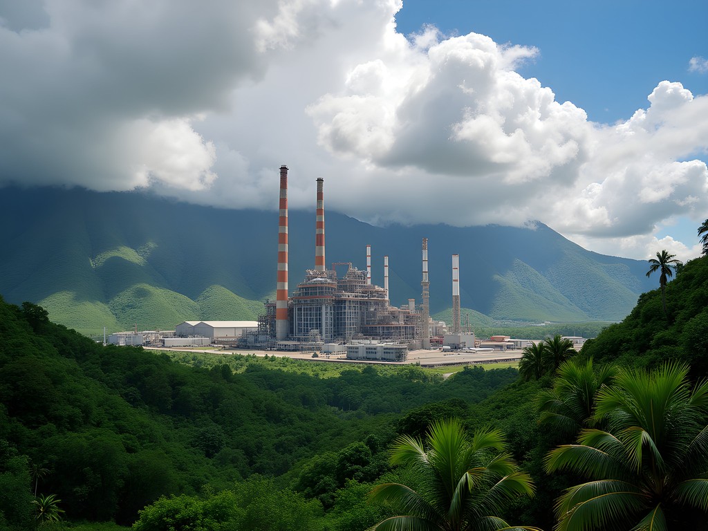Industrial nickel plant with mountains and tropical vegetation in Mont-Dore