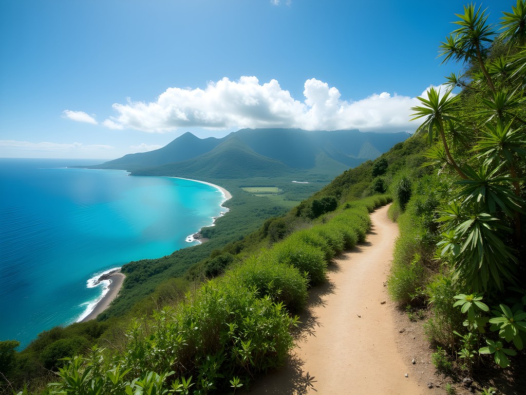 Scenic hiking trail on Mont-Dore peak with lagoon views