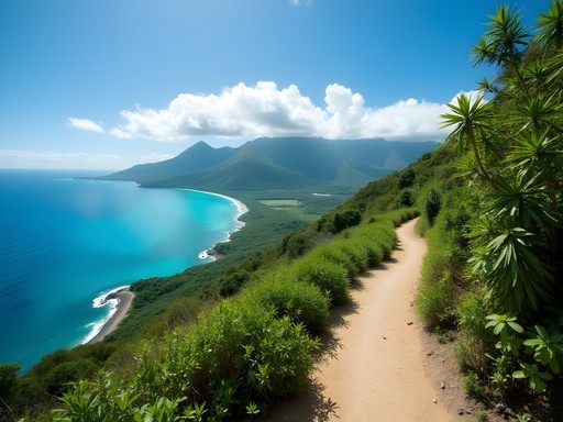 Scenic hiking trail on Mont-Dore peak with lagoon views