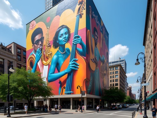 Large-scale festival-themed mural in Montreal's Quartier des Spectacles
