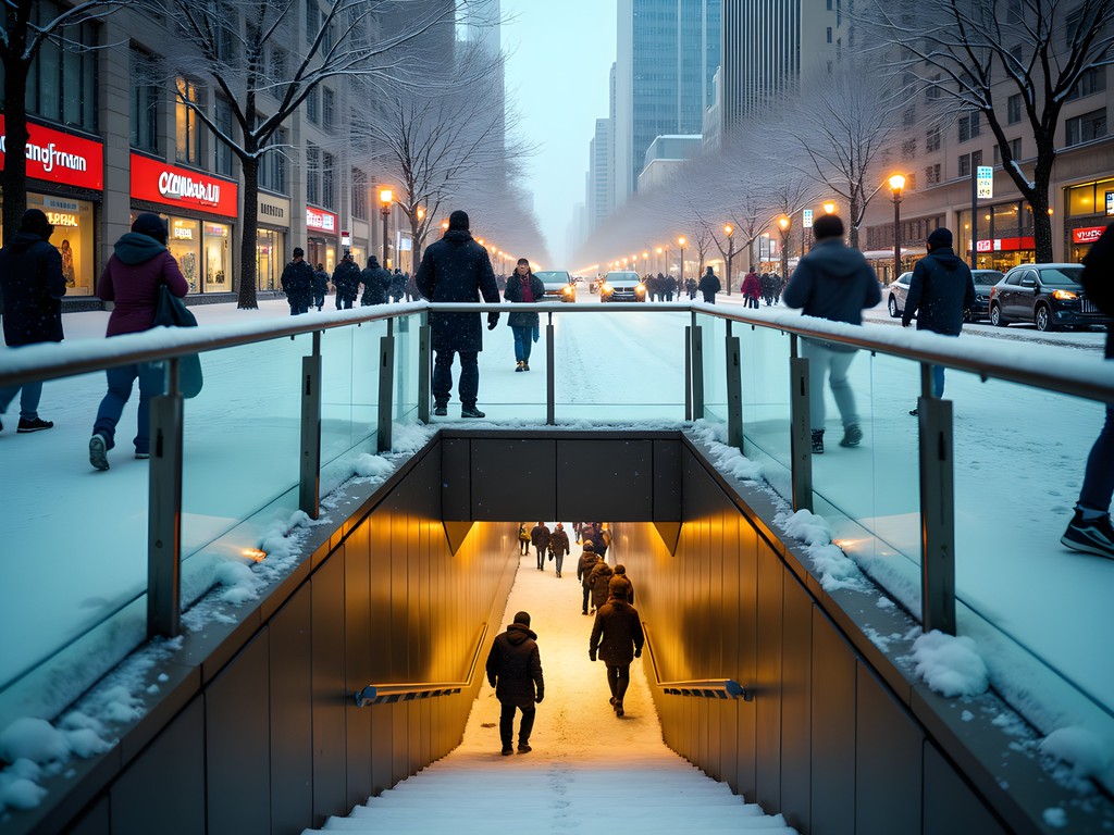 Contrast between snowy Montreal street entrance and the bright, climate-controlled underground city below