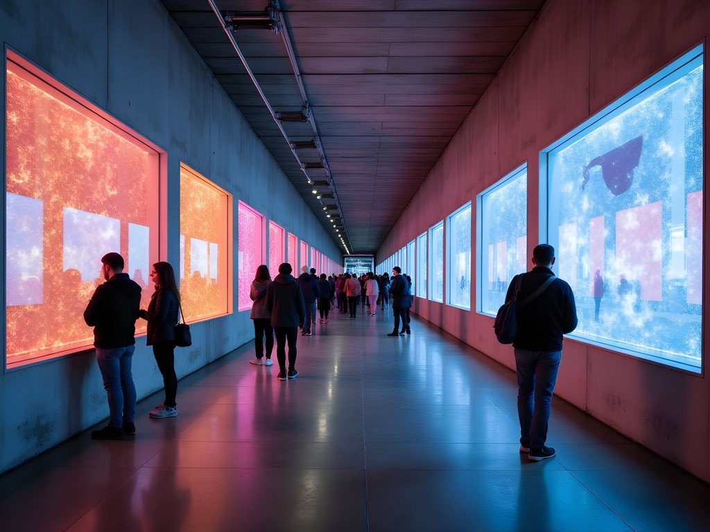 Art installation in Montreal's Underground City with pedestrians viewing exhibits