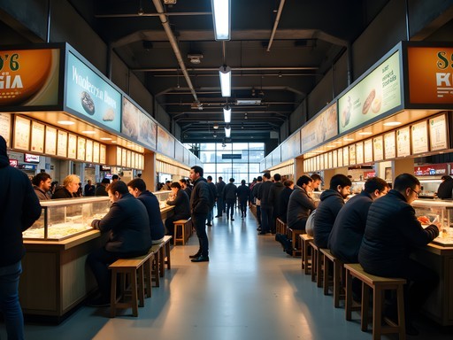 Diverse food options in Montreal Underground City food court with budget-friendly choices