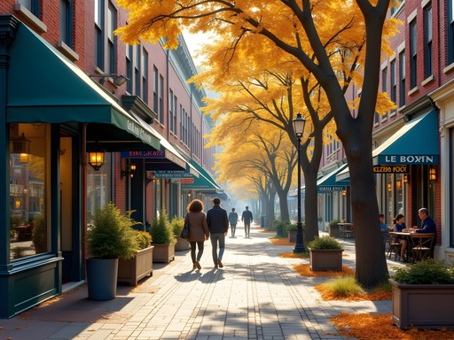 Walkable downtown New Rochelle street scene with shops and autumn trees