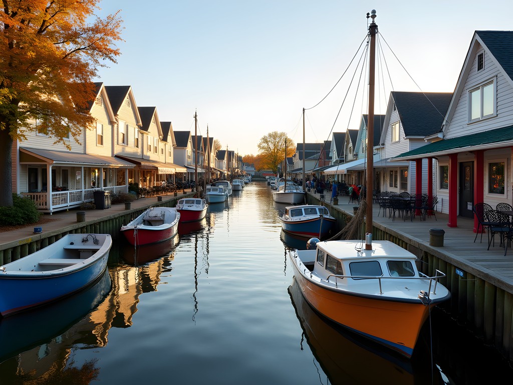 Charming New England-style waterfront on City Island with fishing boats and seafood restaurants