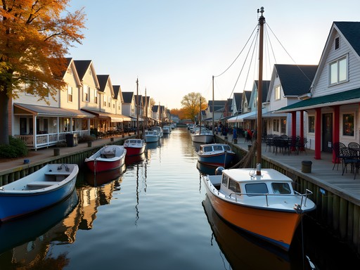 Charming New England-style waterfront on City Island with fishing boats and seafood restaurants