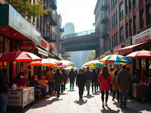 Bustling Diversity Plaza in Jackson Heights with food vendors, colorful signage in multiple languages, and diverse residents