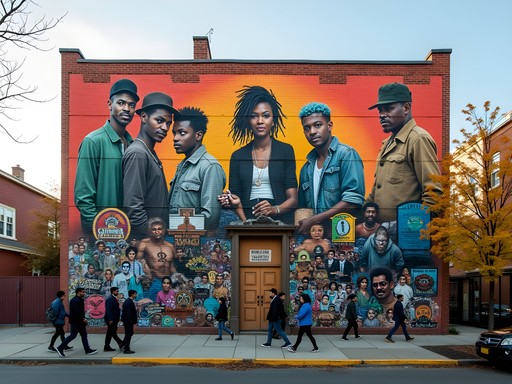 Vibrant street art mural in Mott Haven depicting local history and cultural heritage