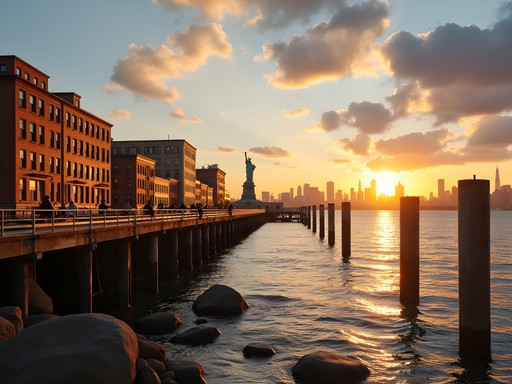 Sunset view of Manhattan skyline and Statue of Liberty from Red Hook waterfront park