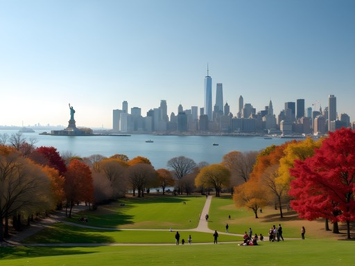 Panoramic view of Manhattan skyline from Sunset Park in autumn with colorful fall foliage