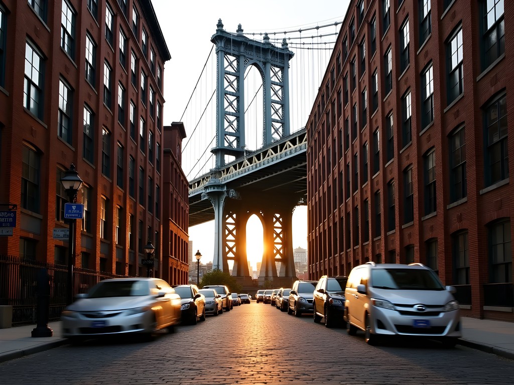 Iconic view of the Manhattan Bridge from Washington Street in DUMBO, Brooklyn