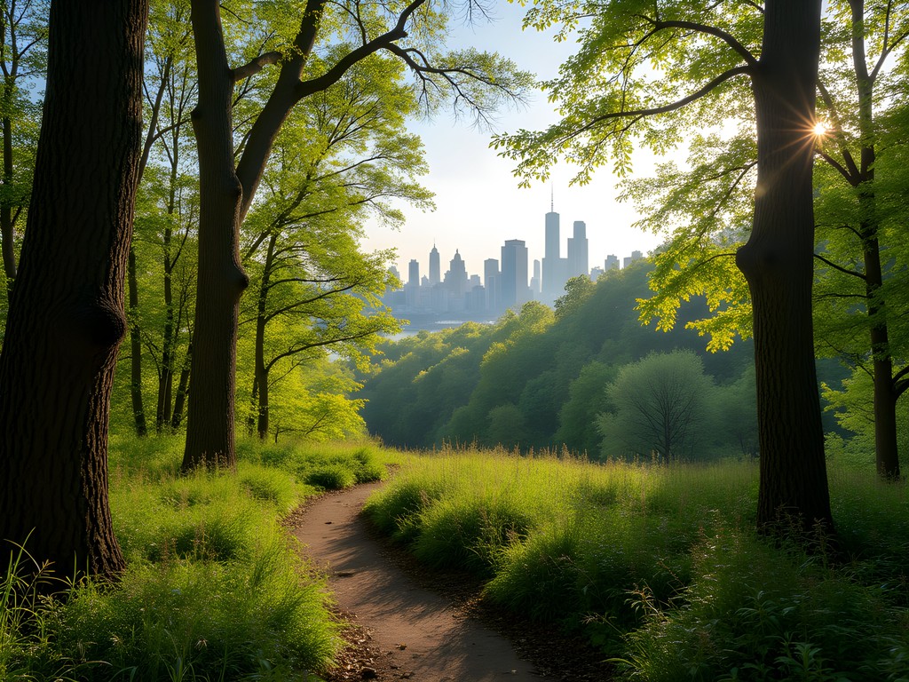 Natural forest trail in Inwood Hill Park with Manhattan skyline visible in distance