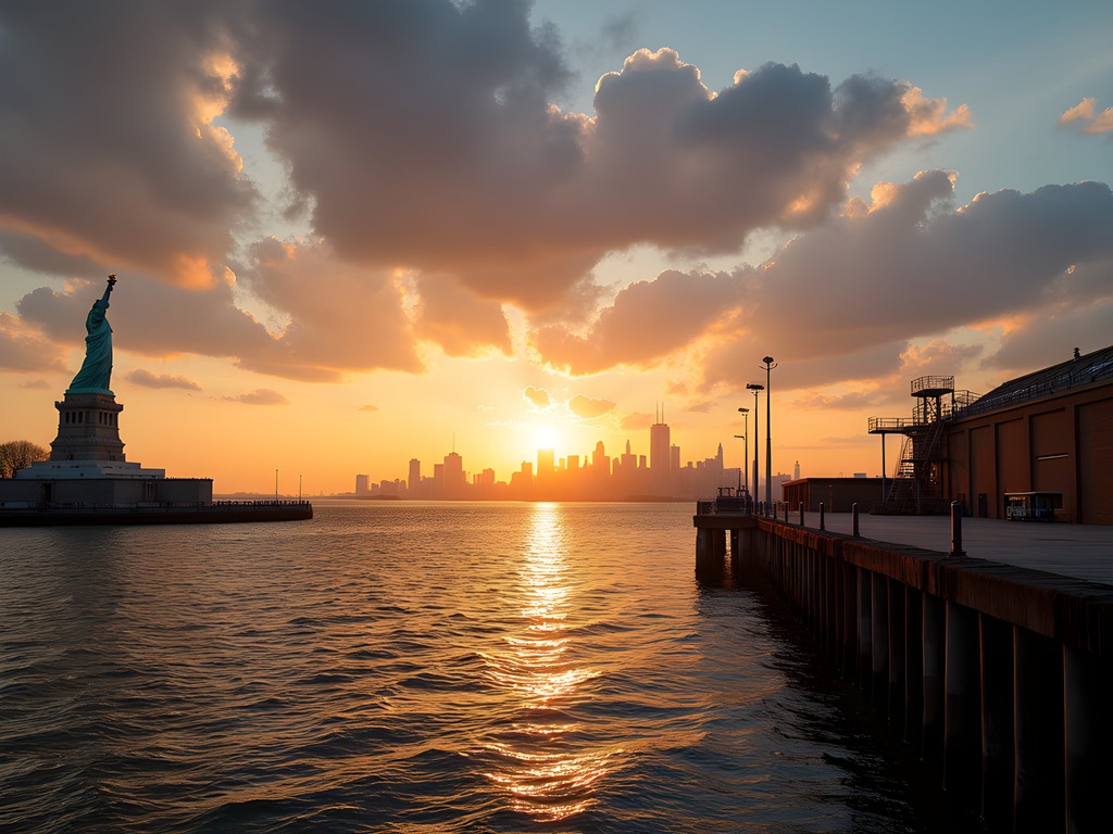 Sunset view of Manhattan skyline and Statue of Liberty from Red Hook waterfront