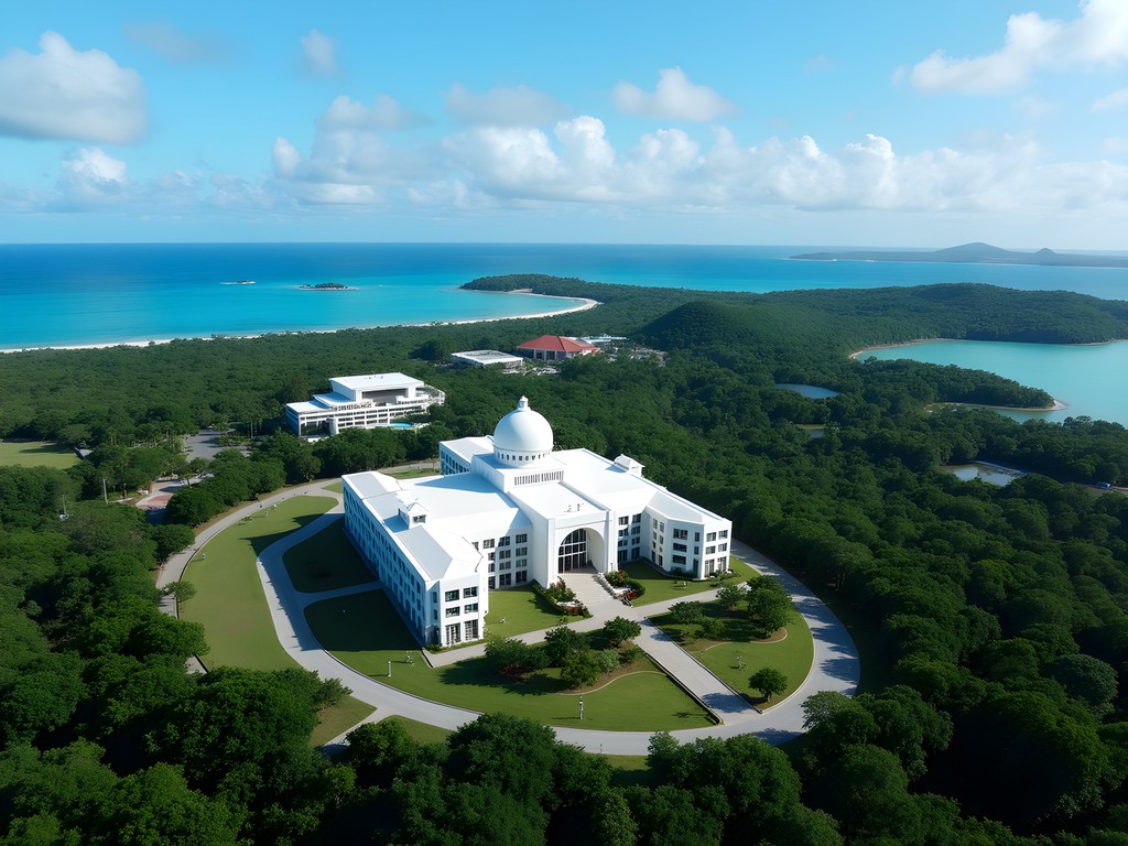 Aerial view of Ngerulmud Capitol Complex showing government buildings nestled within lush tropical forest with ocean visible in distance