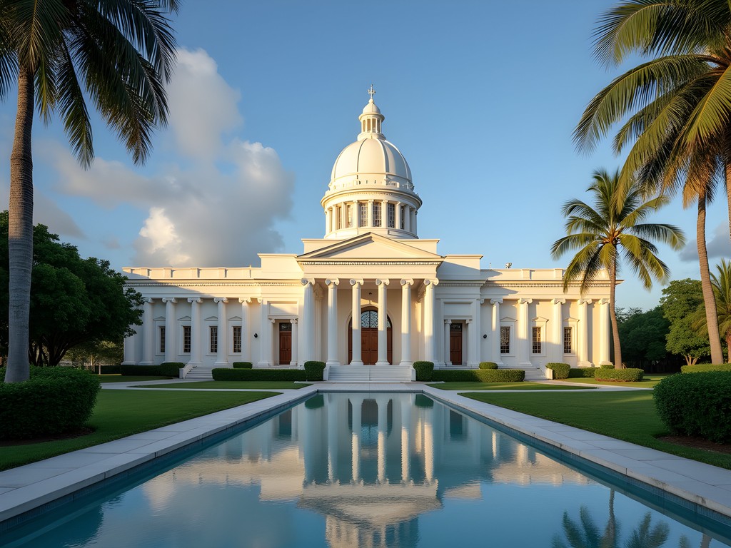 Ngerulmud Capitol Complex illuminated by early morning light, showcasing neoclassical architecture against lush green hills