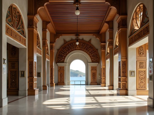Interior detail of Ngerulmud government building showing traditional Palauan symbols integrated into modern architectural elements