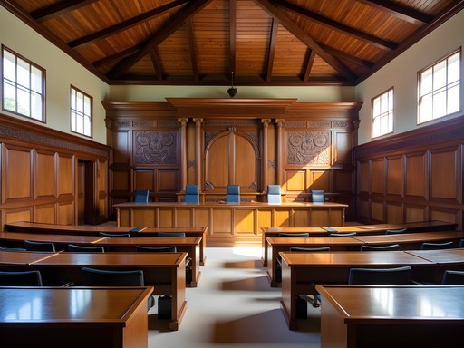 Interior of Ngerulmud's legislative chamber showing blend of formal government design with traditional Palauan wood carvings