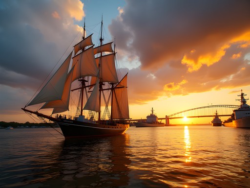 American Rover sailboat cruising Norfolk harbor at sunset